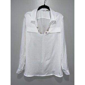 Calvin Klein Women's White Long Sleeve Button Blouse,‎ Medium